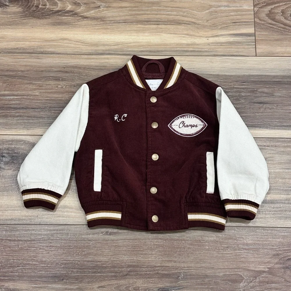 Rylee + Cru Toddler Boys Varsity Football Jacket 12-18 m Burgundy Corduroy NWOT